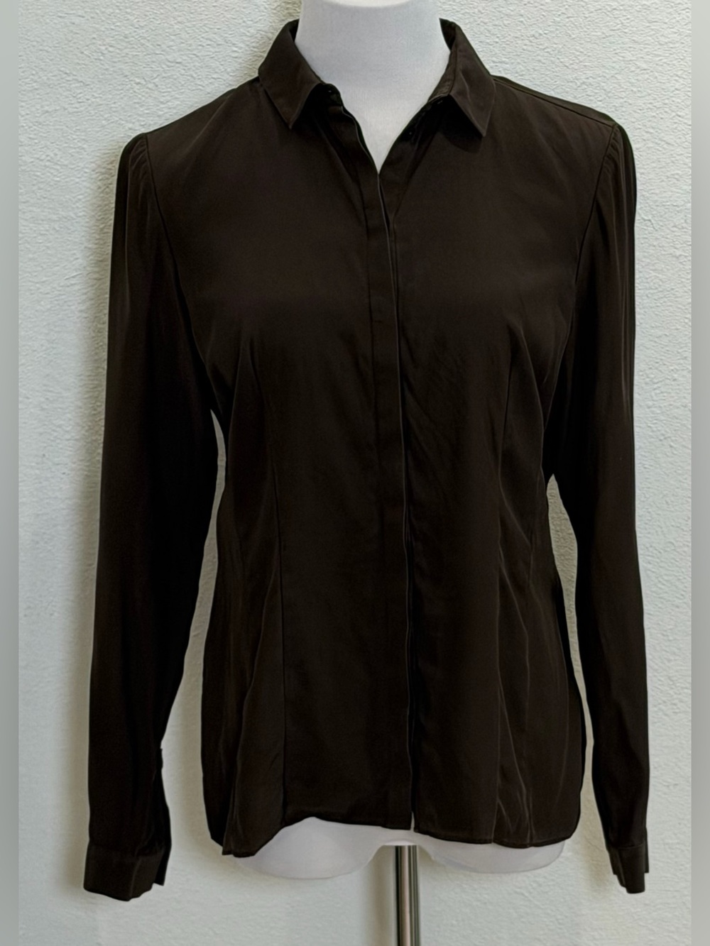 NEW Lafayette 148 New York Silk Button Shirt Blouse Top 8 Brown Espresso Stain